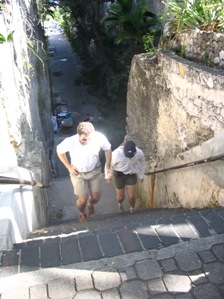 Rob and Hild racing each other up the Queen's Staircase in Nassau.