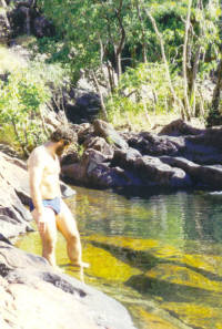 Can you see any crocs?  Rob at Gunlom Rockpools.