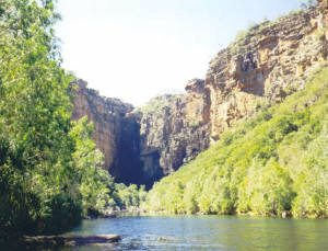View across a billabong to Jim Jim Falls (... it's OK we couldn't see any water falling either..).