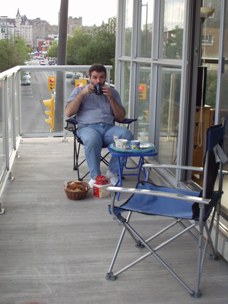 Enjoying a meal on the balcony.