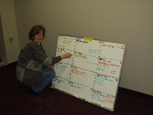 Kristin organising by whiteboard.